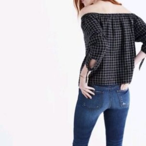 MADEWELL Windowpane plaid Off The Shoulder Top, S - Picture 2 of 11